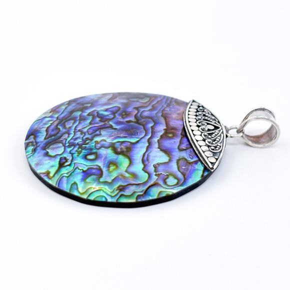 Vintage Sterling Silver 925 Ornate Abalone Shell Disc Pendant - Picture 3 of 7
